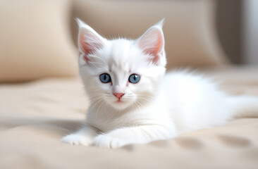 A beautiful white kitten with blue eyes lies on a beige sofa and looks at the camera.