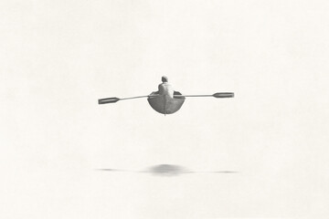 Illustration of black and white man on a canoe flying over the sea, surreal abstract concept - 757131358