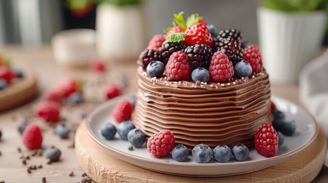 a chocolate cake with raspberries, blueberries, and raspberries on top on a wooden table.