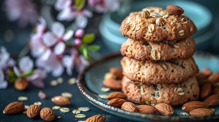 a stack of almond cookies sitting on top of a plate next to a bunch of almonds on a table.