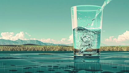 an illustration visually appealing image of clean water flowing into a glass - obrazy, fototapety, plakaty