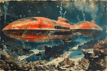 Travel fantasy: vintage style steampunk adventure under water red submarine ships just over the bottom of the ocean