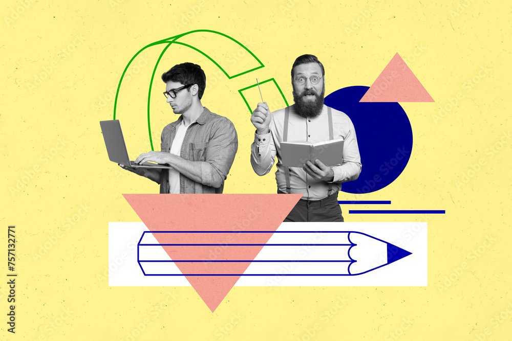 Aufkleber creative abstract template graphics collage image of excited colleagues working together isolated ye