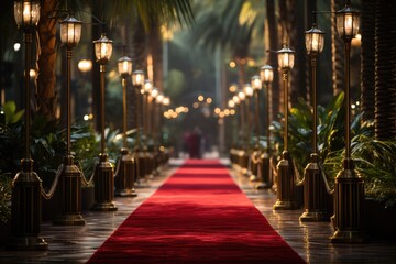 Fototapeta na wymiar a long red carpet outside of a event professional photography