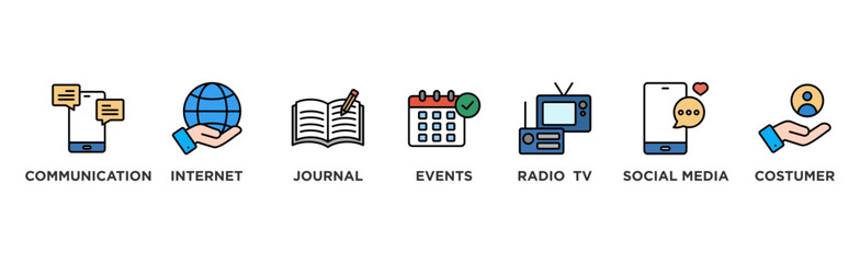 Public relations - pr banner web icon vector illustration concept with icon of communication, internet, journal, events, radio, tv, social media, and customer	