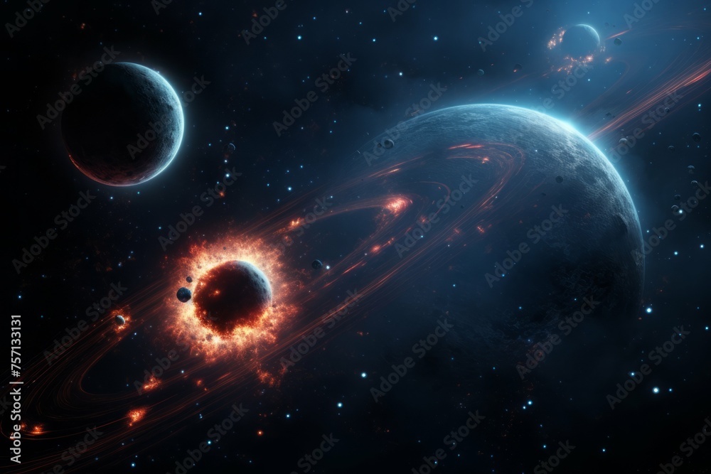 Wall mural binary planetary system with gravitational interactions and tidal forces.