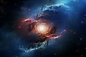 Spiral galaxy in a colorful nebula with star cluster