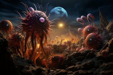 Group of vibrant alien creatures on an exoplanet