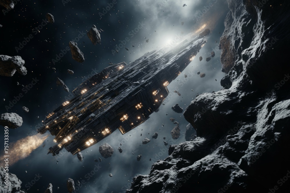 Wall mural interstellar spaceship navigating through an asteroid belt