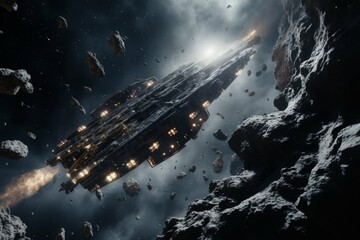 Interstellar spaceship navigating through an asteroid belt - obrazy, fototapety, plakaty