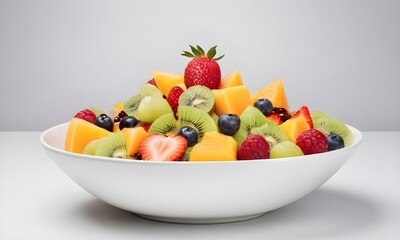 Colorful Assortment of Fresh Fruit salad in a White Bowl on a Clean Surface
