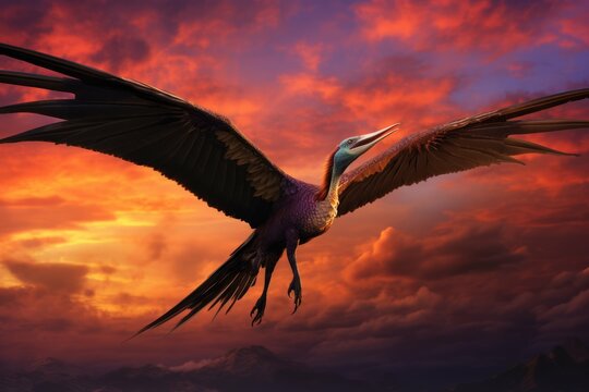 Quetzalcoatlus soaring through a vibrant sunset sky