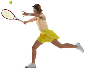 Studio shot of professional young female tennis player in sports uniform training with tennis...