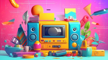 Obraz premium Retro music casette with retro colors eighties and nineties style, cassette tape, mix tape retro cassette design, Music vintage audio theme, Synthwave and vaporwave template. Grainy nostalgia style
