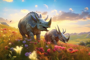 Triceratops family grazing in a sunlit meadow