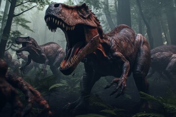 Allosaurus pack hunting in a dense forest