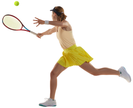 Studio shot of professional young female tennis player in sports uniform training with tennis racket against transparent background. Concept of sport, health, strength, action, motion, lifestyle.