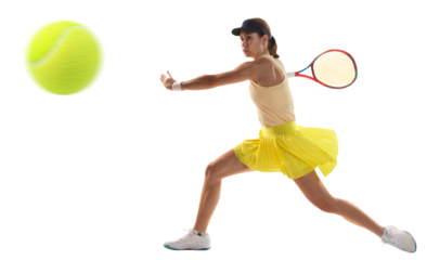 One young teen girl, tennis player in sports uniform playing tennis against transparent background. Concept of sport, motivation, achievement. Athlete with tennis racket. Banner with copy space