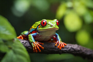 Naklejka premium Red-eyed tree frog in the forest against the background of foliage