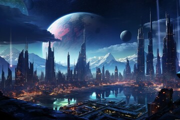 Futuristic cityscape on a distant planet with floating platforms and vibrant aurora borealis.