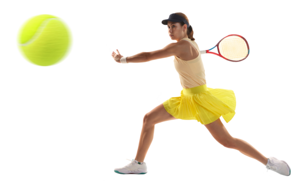 One young teen girl, tennis player in sports uniform playing tennis against transparent background. Concept of sport, motivation, achievement. Athlete with tennis racket. Banner with copy space