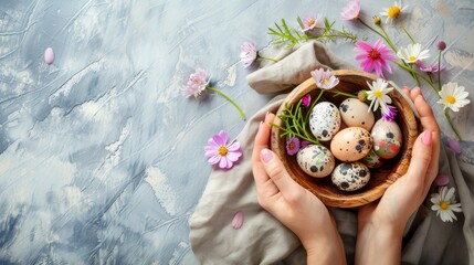 place for text. Easter eggs with spring flowers in a wooden bowl and hands on a rustic linen background. An aesthetic greeting to the seasons. Stylish Easter and quail eggs in natural dyes and spring  - obrazy, fototapety, plakaty