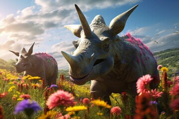 Triceratops grazing in vibrant prehistoric meadow