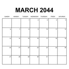 march 2044. monthly calendar design. week starts on sunday. printable, simple, and clean vector design isolated on white background.