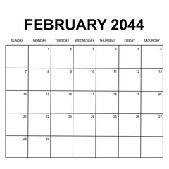 february 2044. monthly calendar design. week starts on sunday. printable, simple, and clean vector design isolated on white background.