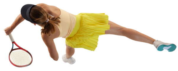 Strength and power. View from above of female professional tennis player doing powerful serving in tennis against transparent background. Concept of sport, health, action, motion, lifestyle.