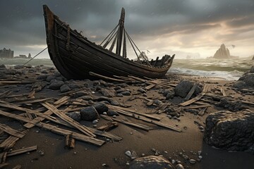 Viking shipwreck on a desolate beach