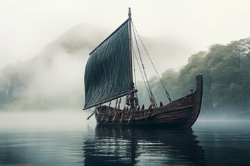 Viking ship sailing through a foggy landscape