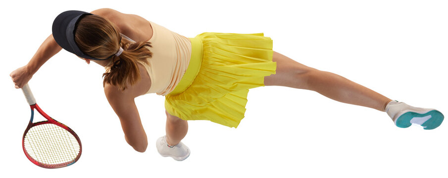 Strength and power. View from above of female professional tennis player doing powerful serving in tennis against transparent background. Concept of sport, health, action, motion, lifestyle.