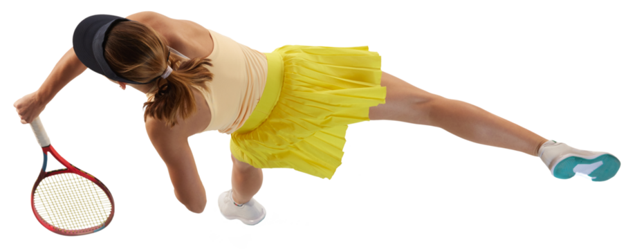 Strength and power. View from above of female professional tennis player doing powerful serving in tennis against transparent background. Concept of sport, health, action, motion, lifestyle. - Powered by Adobe