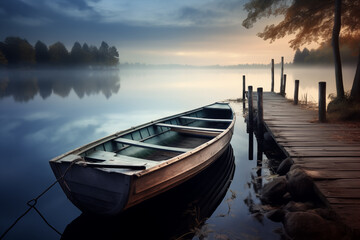 Obraz premium Old rowboat tied to dock at tranquil lakeside. Generative AI