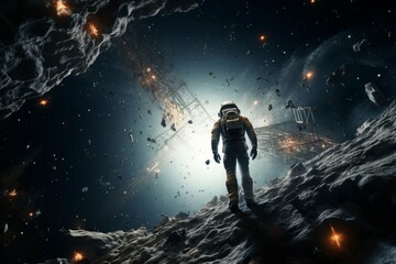 Fototapeta premium Lone astronaut repairing damaged spaceship in space