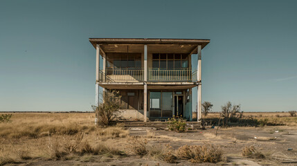 A dilapidated two-story building stands isolated in the midst of a dry grass field, emanating an atmosphere of solitude and desolation.
