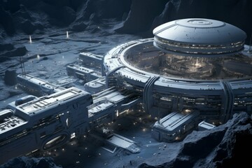 Moon colony's transportation hub with futuristic spaceport and efficient interplanetary travel - obrazy, fototapety, plakaty