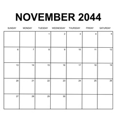 november 2044. monthly calendar design. week starts on sunday. printable, simple, and clean vector design isolated on white background.