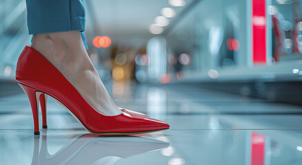 a close-up photo of a woman's feet wearing red shoes, standing on a reflective floor within a shopping center setting. - obrazy, fototapety, plakaty
