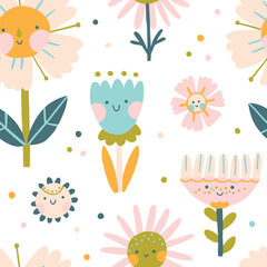 Naklejka premium Flowers characters with smiling faces seamless pattern. A naive childish hand-drawn illustration in scandinavian style. Spring chamomile and tulips. Funny texture for surface design, textile, fabric.