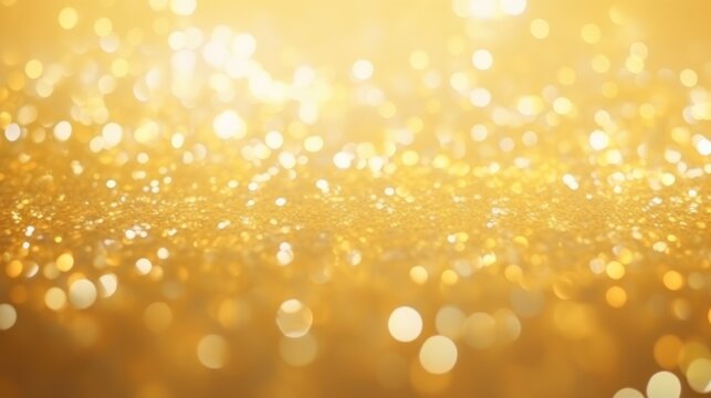 Abstract particle gold glitter wave and light bokeh background. Golden glitter background with stars. Merry Christmas and happy New Year greeting card.