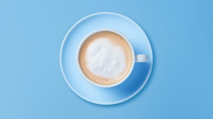 Coffee Cup with Hot Cappuccino and Milk Foam on Pastel Blue Background Top View with Copy Space