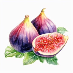 HD watercolor illustration of fig fruit and fig slice on a completely white background сreated with Generative Ai