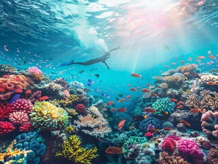Naklejka na ściany i meble Underwater scene of hero cleaning ocean with nano-tech colorful coral reefs revitalized