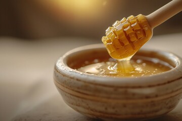 a honey dripping from a wooden dipper - obrazy, fototapety, plakaty