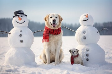 A Christmas dog dressed as a snowman standing with other snowmen in a snowy field.