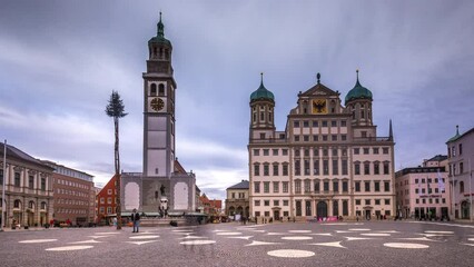 Augsburg germany city old town view time lapse hyperlapse augsburg town hall city hall main sqaure.