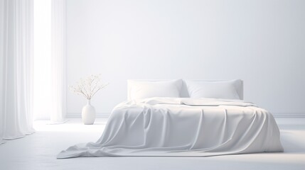 a white bed with a white vase of flowers