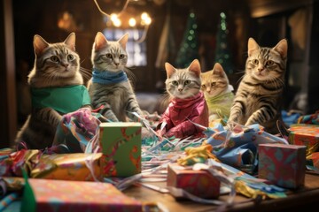 Christmas cats wrapping presents in a festive workshop